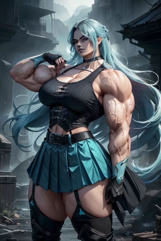 (((Massive tall, beautiful, buff, pale skinned skinned muscular woman with cyan hair, black lipstick, ginormous bulky muscles, winds blowing and wearing a cyan pleated shirt with beautiful long pleated skirt))), ((close view)), massive muscles, long straight hair, purple eyes, choker, ((cyan pleated shirt and tie)), neck tie, ((beautiful long pleated skirt)), belt, thigh high socks, black boots, (Dark and moody universe:1.3), (in front of a disaster), closed smile, night, massive arms