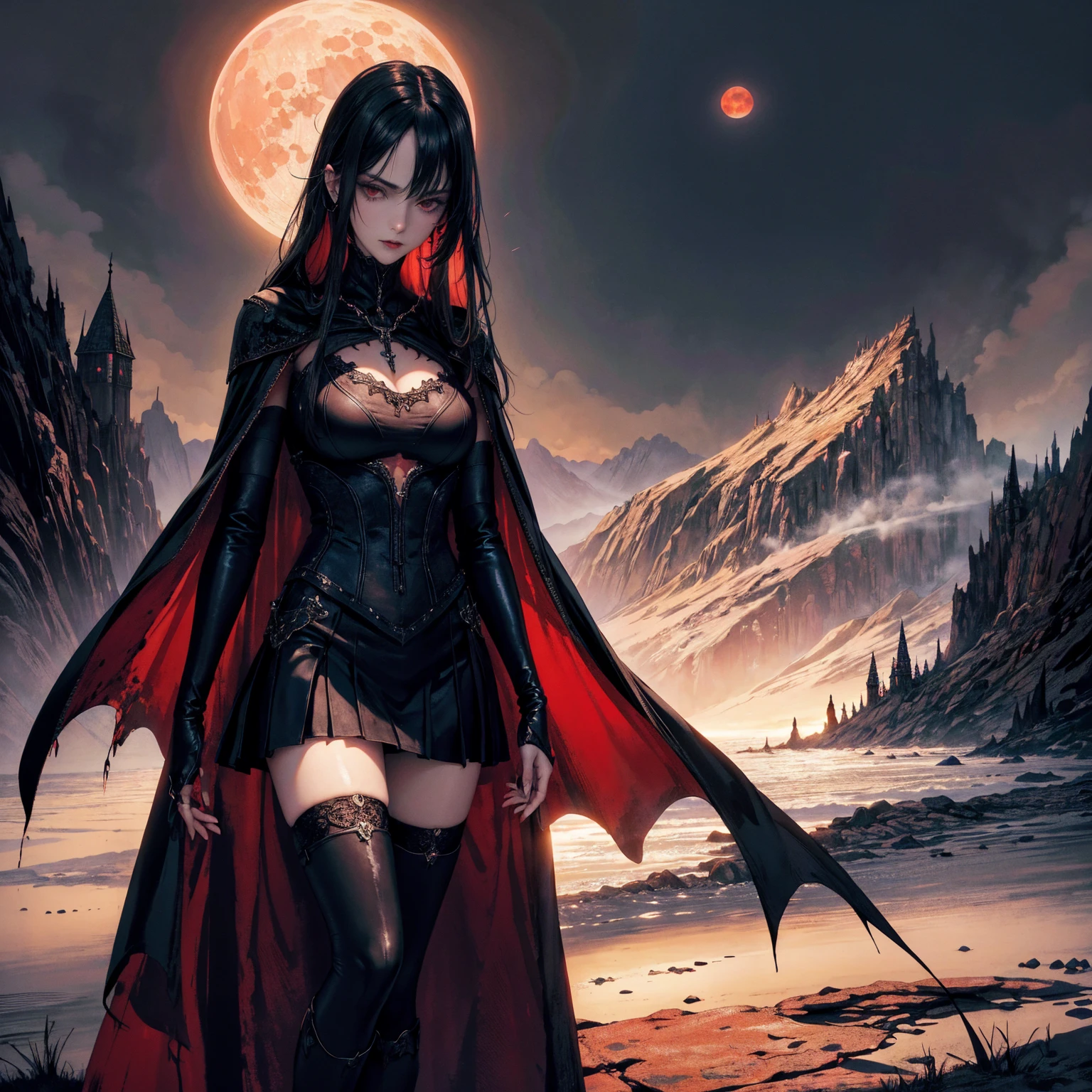 best quality, 4k, high resolution, masterpiece:1.2, Very detailed, actual:1.37, Mood lighting, Girl in a long cape, Wearing a reflective latex skirt that shows a little skin above the chest, Dangerous sneer, Black Hair, Facing directly to the camera, Crucified, Pitch black sky, Blood-red moon, strange atmosphere, Gothic style, Unforgettable beauty, Dramatic shadows, Ethereal Light, Mysterious atmosphere.