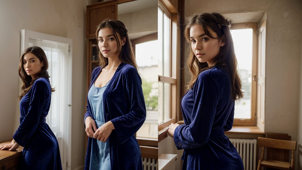 Une belle fille choisit une élégante robe en velours à épaules dénudées et fendue jusqu'aux cuisses. Une étole en fausse fourrure ajoute une touche de glamour. Ambiant: Le dîner-croisière est illuminé par de douces bougies, et les invités dégustent une cuisine gastronomique tout en naviguant sur les eaux hivernales. Le bruit des vagues douces et un cadre romantique. Elle a des cheveux bruns soyeux, gros yeux marrons, Beau visage, peau du visage brillante, sans impression, très beau modèle Instagram, image réaliste. composition dynamique, mouvement, ultra - détaillé, incroyablement détaillé, beaucoup de détails, détails et coups de pinceau étonnants, lisse