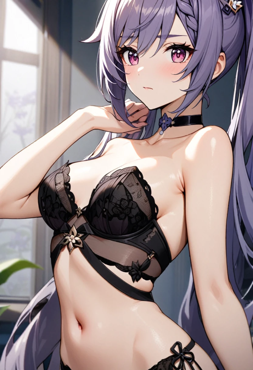 Beautiful Keqing from Genshin Impact in lingerie,strapless bra,bare belly,gloves extending to elbows,choker,collarbone,open shirt