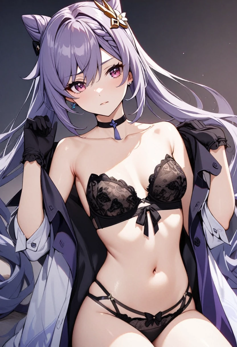 Beautiful Keqing from Genshin Impact in lingerie,strapless bra,bare belly,gloves extending to elbows,choker,collarbone,open shirt