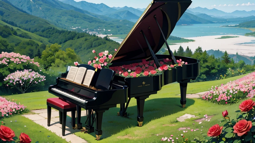 A grand piano placed in a deserted mountain where wild roses bloom。山の中