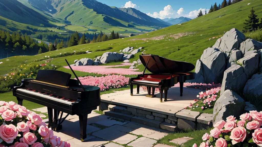 A grand piano placed in a deserted mountain where wild roses bloom。山の中