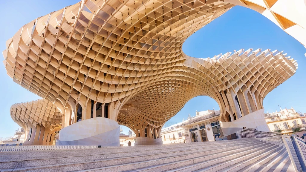 there is a large wooden structure with a curved roof, Sevilla, golden curve structure, 3 4 5 3 1, intricate architecture, best in adobe stock, seen from below, shutter, Curved geometric arches, Stunning image, seen from the ground, wooden structures, Ornate mosaic architecture, curvilinear architecture, serial plans, CNC cut parts, 