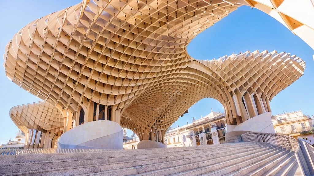there is a large wooden structure with a curved roof, Sevilla, golden curve structure, 3 4 5 3 1, intricate architecture, best in adobe stock, seen from below, shutter, Curved geometric arches, Stunning image, seen from the ground, wooden structures, Ornate mosaic architecture, curvilinear architecture, serial plans, CNC cut parts, 