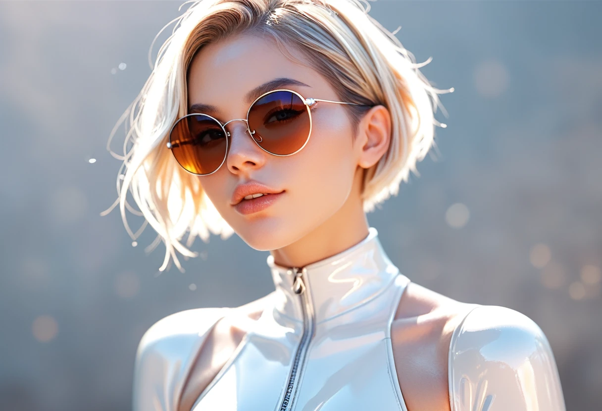 score_9, score_8_up, score_7_up, score_6_up, score_5_up, 1girl, looking at the viewer, round sunglasses, white short hair, leather bodysuit