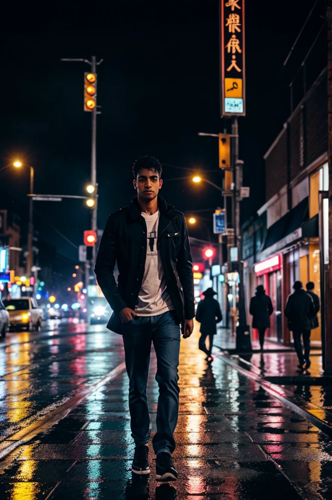 A guy walking on street alone while raining showing from background in night 