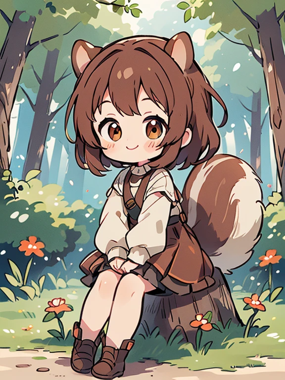 ((Highest quality)), ((masterpiece)), (detailed), Perfect Face, Perfect Arms, Perfect hands, Perfect Fingers, anime, Ultra-fine illustration, ((1 person)), chibi, (Squirrel Girl), cute, Brown Hair, Mischievous, {(Open your mouth)}, forest, Outdoor, (Smile:1.3), sit, Cowboy Shot,