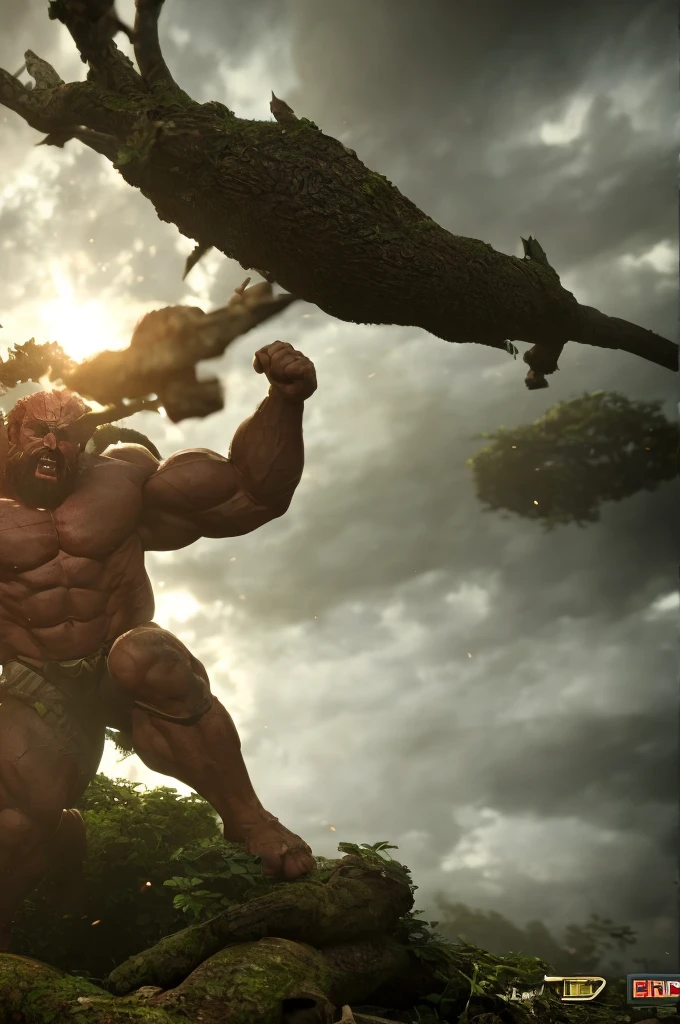 a strong burly man, muscular man, fist smashing a large tree, dramatic lighting, epic, cinematic composition, stunning colors, best quality, professional 3d render