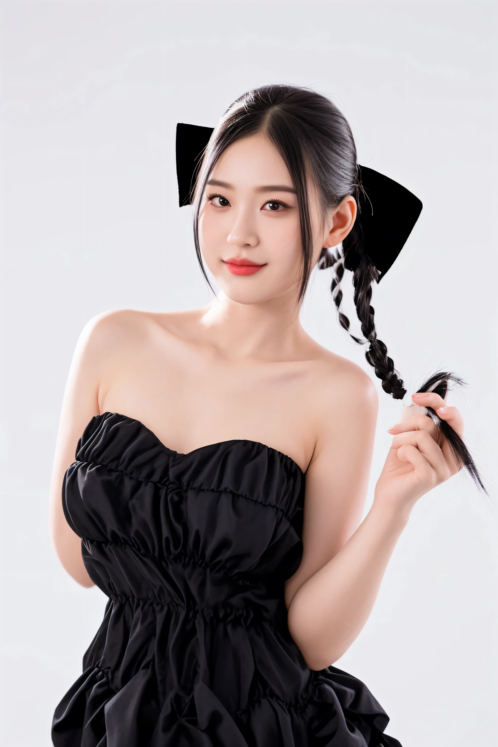 there is a woman in a black dress holding a hair comb, with black pigtails, pigtails hairstyle, twintails hairstyle, anime thai girl, pigtails hair, asian girl with long hair, long pigtail, young cute wan asian face, two pigtails hairstyle, hair in pigtails, a young asian woman, woman with cat ears, girl with cat ears