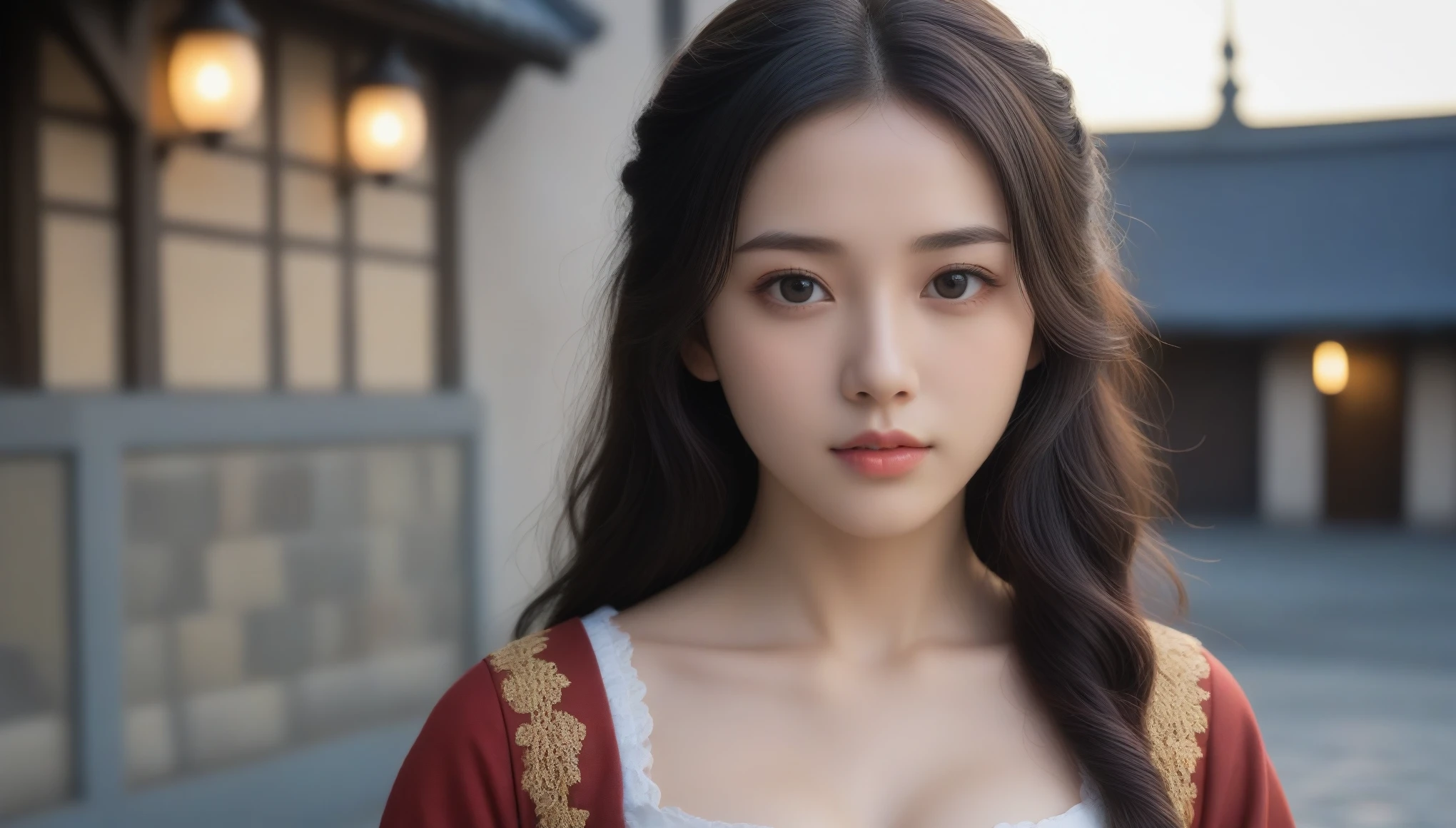 8k, Ultra-high resolution, Highest quality, masterpiece, 三分割法によるphotograph,Surreal, photograph, 1 Girl, (16 years old:1.3), pretty girl, Cute Face, Beautiful eyes in every detail, 細かくdetailedに,masterpiece,One Girl:1.2, Japan Female Announcer,extream close up,disgust,Long black hair,Loose curly hair,(Dressed in medieval European clothing:1.3),(印象派の美しい少女のPortraiture), (Standing in a medieval European square:1.3), (After the Rain), (Sunset reflection), (Impressionist light and colour),Realistic Skin, Perfect and beautiful face ,完璧でCute Face, Skin with attention to detail, Perfect limbs、Narrow waist,Looking at the audience、beauty,Long neck、(((Ideal body type))),A cup small breasts :2,Portraiture:2,Perfect Anatomy,鮮明なdetailed,detailed,Surreal,Light and shadow,darkness
