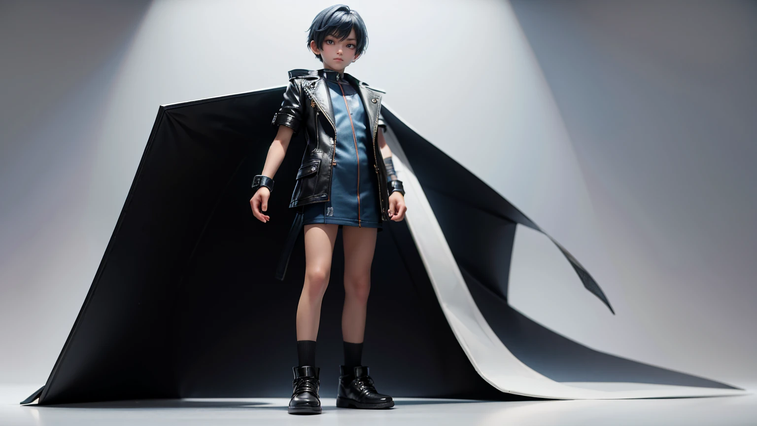 full body straight standing pose boy, 12yo student, Front Full body, blue side style hair, wearing leather style dress, white background, simple white background