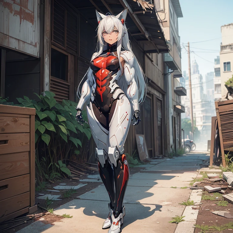 (Fox Girl, Fox Ears, Silver Hair, Fox Makeup, One Girl, Long Hair, Alone on the screen, dark skin, High definition:1.6), (mecha musume, Machinery Parts,Robot Joints, White and red clothes, Full body mechanical suit:1.8), (Body measurements are 75-60-75!, Young girl body, Small breasts, Proudly, Standing posture, slender, muscle:1.9), Avatar, face, lewd face, Dominant representation, naughty face, Uplifting, Skin Texture, outside, ruins, Ruined City, Broken Building, There are no people