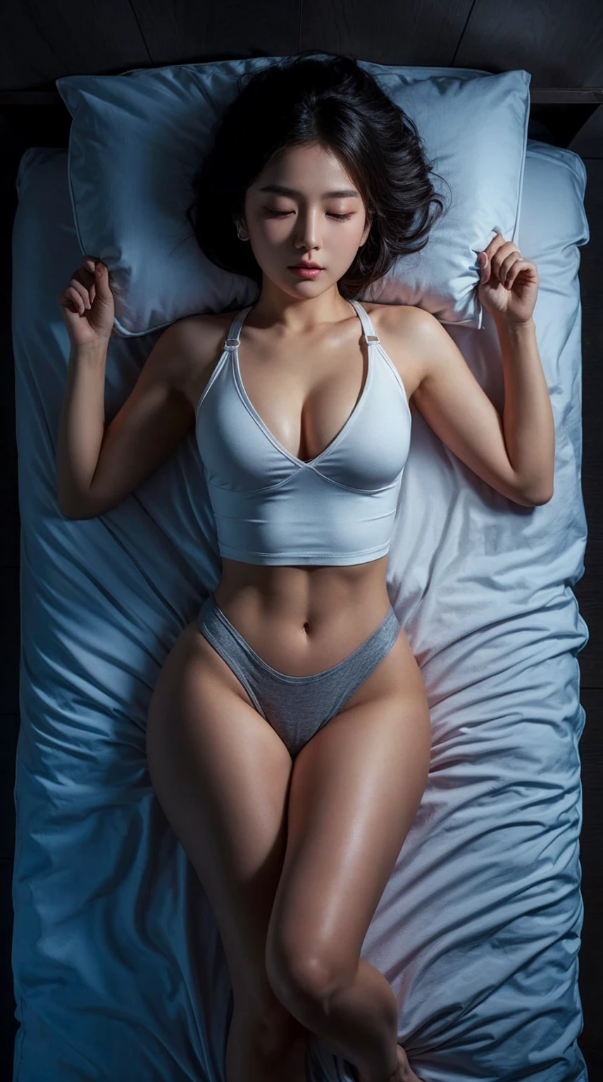 Create a realistic UHD 8K image of A young Korean woman with an curvy body shape, wearing a fitted white sleveeless thin-strapped halter tank top crop and gray thin strapped gstring, is sleeping. She has a large-sized chest. The photo is taken from above. The setting is a bedroom with dim lighting, and the camera is focused on the woman with light highlighting her entire body. weat body, big thigh. her legs spread aparts