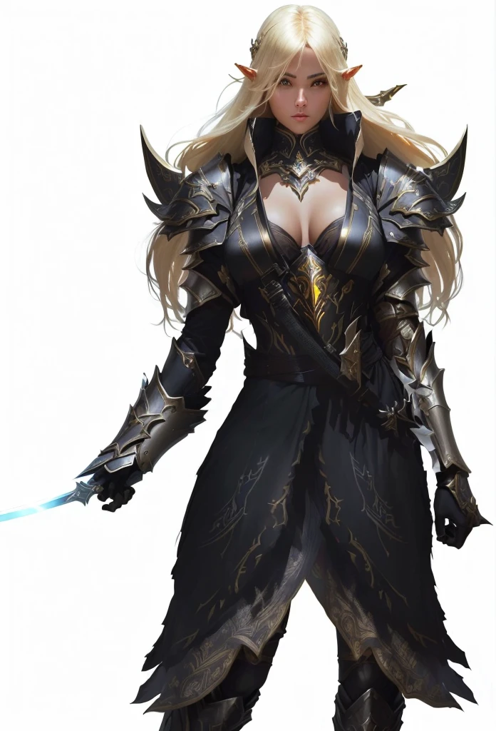 a woman in armor holding a sword and a sword, pale black armor, very stylish fantasy armor, armor girl, epic exquisite character art, wearing fantasy armor, from lineage 2, stunning armor, black armor, fantasy armor, by Yang J, black and golden armor, elegant armor, female armor, dark elf princess, clothed in ethereal battle armor, pretty face, nice face, sexy, sun high elf, big , brown skin face, blond hair, yellow hair,