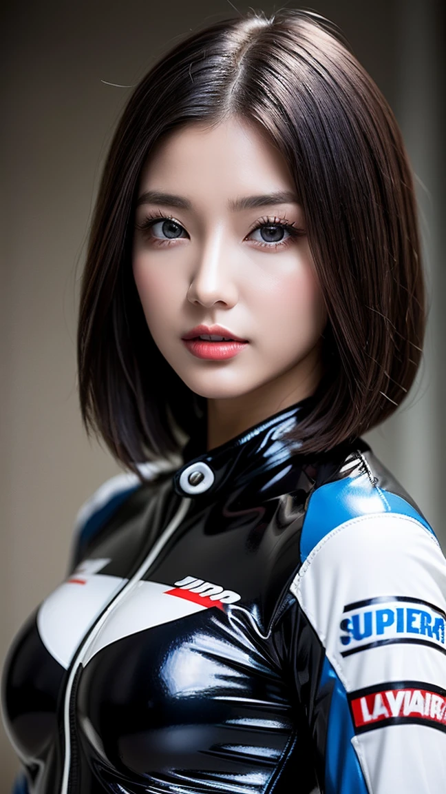 half body shot, Dynamic Lighting, (highest quality:1.4), 32K resolution, (Realistic:1.3), (Ultra-realism), Highest resolution UHD, (masterpiece:1.2), (Improvement of quality:1.3), (3 lady:1.37), Supermodel, Female rider, Japanese women, 21 years old, Perfect Anatomy:1.37, Standing pose, (Wearing a super shiny racing suit:1.37), (Wearing a sexy racing suit:1.1), (Wearing colorful racing suits:1.21), (Logo Suit), Racing Gloves, Have a helmet:1.21, (On the vast race circuit:1.37), (Outdoors at dusk;1.37), shut up, (long_dark_eyelash), Sharpen your eyebrows, [Pink lipstick:0.8], (Very lethargic details:1.25), (Light pale complexion), Symmetrical eyes, Natural Makeup, (the most absurd quality perfect eyes:1.25), ((clear no blur and sharp perfect round realistic dark black_eyes:1.35)), super details:1.32), ((finely detailed pupils:1.32)), (tired, Sleepy and satisfied:0.0), (Beautiful Lips:1.33), (Great nose:1.2), (Flat Chest), (Slim lower body), Shiny brown hair, Let your bangs hang long, (short hair:1.21), ((Realistic)), ((Sharp focus)), ((The most absurdres quality)), Inspiring and spectacular cinema lighting, ((close-up of woman's eyes:1.3))