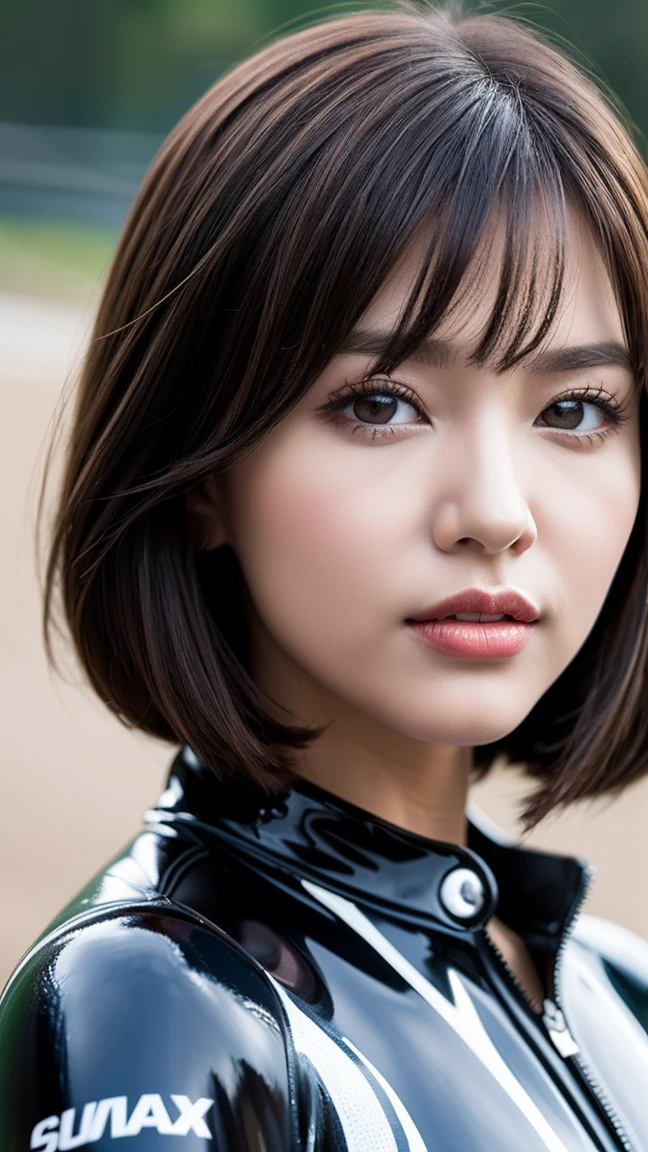 half body shot, Dynamic Lighting, (highest quality:1.4), 32K resolution, (Realistic:1.3), (Ultra-realism), Highest resolution UHD, (masterpiece:1.2), (Improvement of quality:1.3), (3 lady:1.37), Supermodel, Female rider, Japanese women, 21 years old, Perfect Anatomy:1.37, Standing pose, (Wearing a super shiny racing suit:1.37), (Wearing a sexy racing suit:1.1), (Wearing colorful racing suits:1.21), (Logo Suit), Racing Gloves, Have a helmet:1.21, (On the vast race circuit:1.37), (Outdoors at dusk;1.37), shut up, (long_dark_eyelash), Sharpen your eyebrows, [Pink lipstick:0.8], (Very lethargic details:1.25), (Light pale complexion), Symmetrical eyes, Natural Makeup, (the most absurd quality perfect eyes:1.25), ((clear no blur and sharp perfect round realistic dark black_eyes:1.35)), super details:1.32), ((finely detailed pupils:1.32)), (tired, Sleepy and satisfied:0.0), (Beautiful Lips:1.33), (Great nose:1.2), (Flat Chest), (Slim lower body), Shiny brown hair, Let your bangs hang long, (short hair:1.21), ((Realistic)), ((Sharp focus)), ((The most absurdres quality)), Inspiring and spectacular cinema lighting, ((close-up of woman's eyes:1.3))