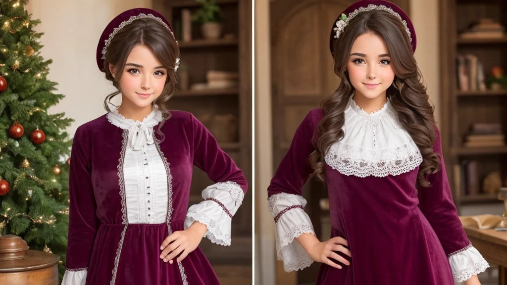 Une belle fille choisit une élégante robe en velours à épaules dénudées et fendue jusqu'aux cuisses. Une étole en fausse fourrure ajoute une touche de glamour. Ambiant: Le dîner-croisière est illuminé par de douces bougies, et les invités dégustent une cuisine gastronomique tout en naviguant sur les eaux hivernales. Le bruit des vagues douces et un cadre romantique. Elle a des cheveux bruns soyeux, gros yeux marrons, Beau visage, peau du visage brillante, sans impression, très beau modèle Instagram, image réaliste. composition dynamique, mouvement, ultra - détaillé, incroyablement détaillé, beaucoup de détails, détails et coups de pinceau étonnants, lisse