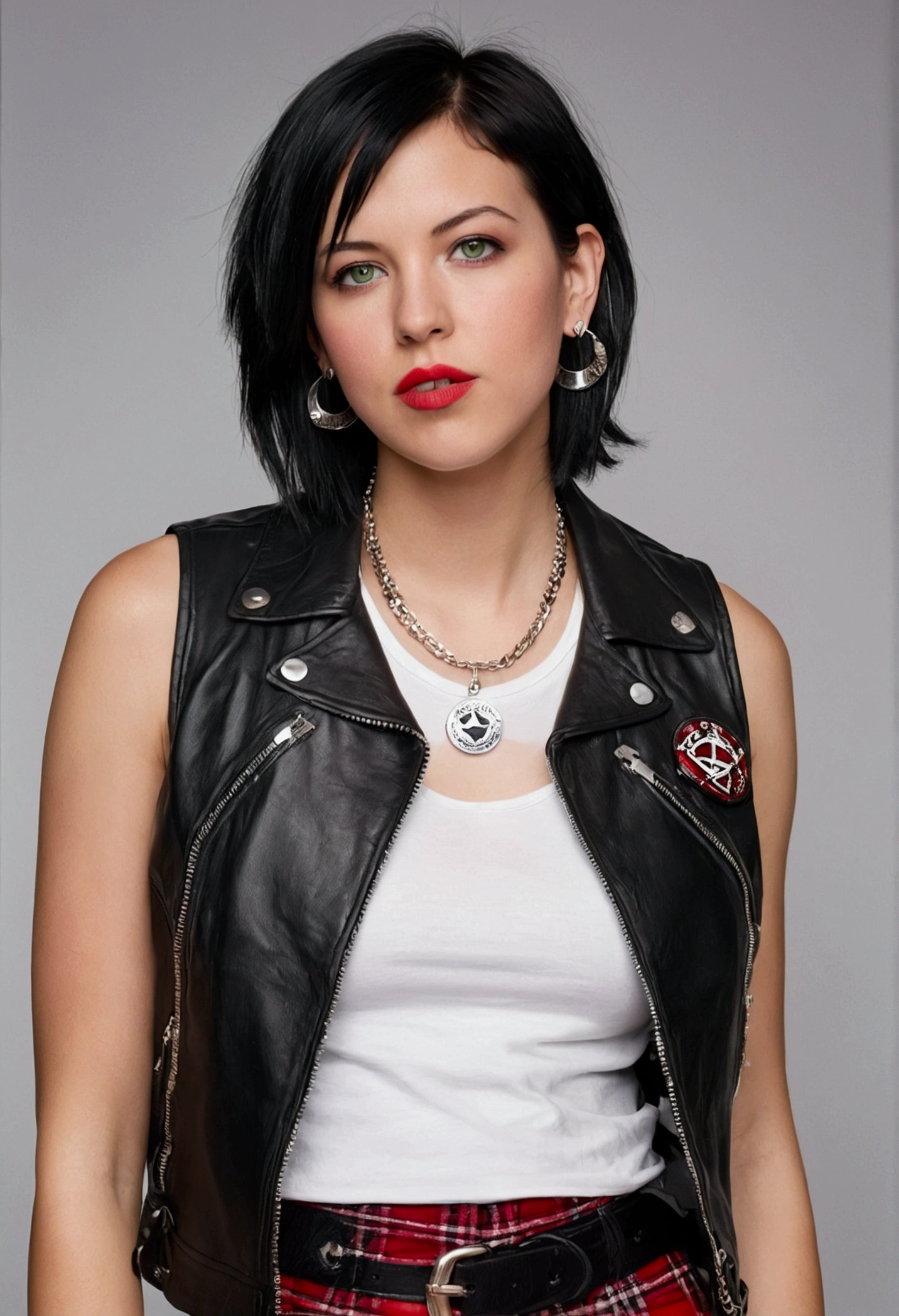 30 year old young woman, short neck length straight black hair, wears a white tank top with a rock logo, short leather jacket with buttons and zippers, wears a red plaid miniskirt and tight leather pants underneath . Wear white and black converse sneakers. Small chains hang from the skirt belt. He wears piercings on his lower lip and two earrings in one ear.. green eyes.