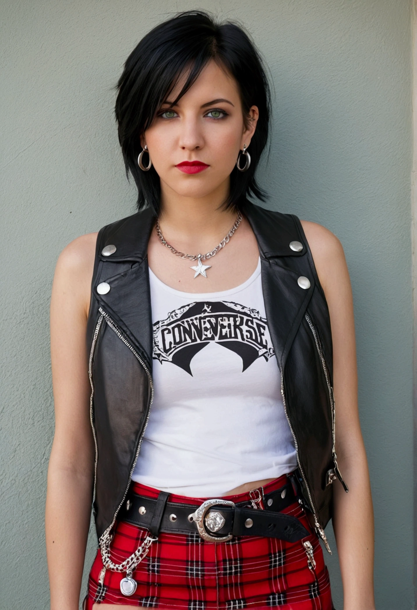 30 year old young woman, short neck length straight black hair, wears a white tank top with a rock logo, short leather jacket with buttons and zippers, wears a red plaid miniskirt and tight leather pants underneath . Wear white and black converse sneakers. Small chains hang from the skirt belt. He wears piercings on his lower lip and two earrings in one ear.. green eyes.
