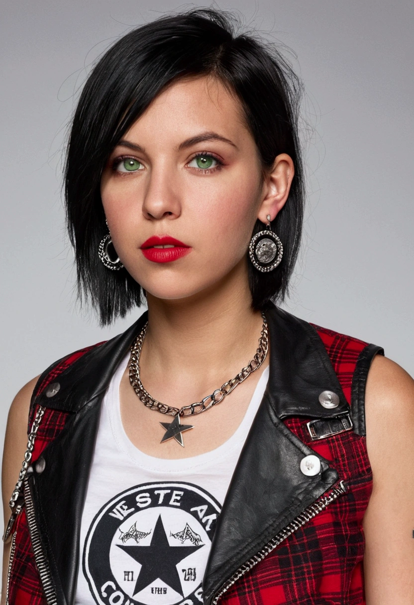 30 year old young woman, short neck length straight black hair, wears a white tank top with a rock logo, short leather jacket with buttons and zippers, wears a red plaid miniskirt and tight leather pants underneath . Wear white and black converse sneakers. Small chains hang from the skirt belt. He wears piercings on his lower lip and two earrings in one ear.. green eyes.