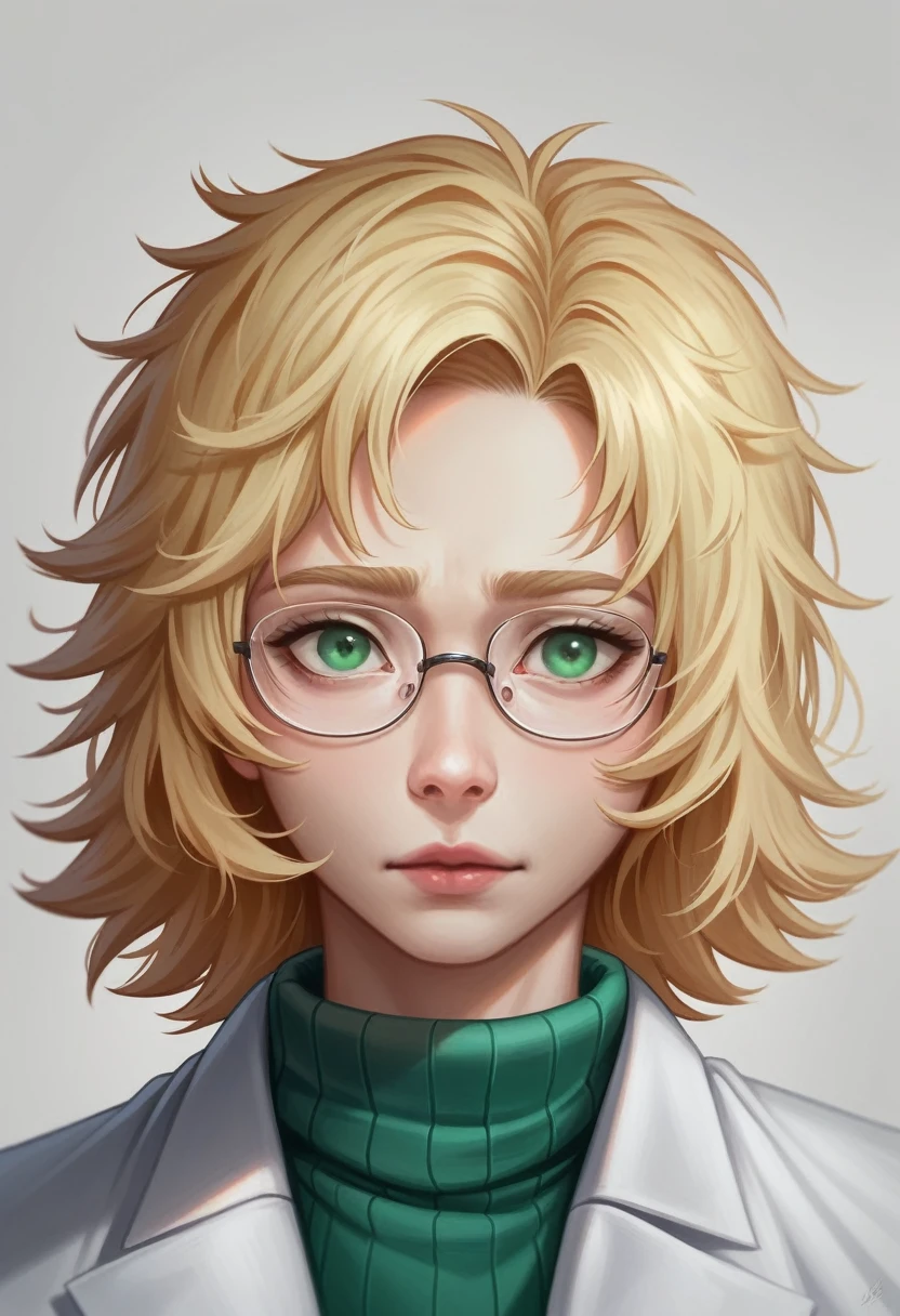 (best quality,4K,8k,highres,master part:1.2),ultra detali,Realistic,Young studious man with messy blond hair, Face pretty, square face shape, Blonde Hair and Green Eyes, wearing a white turtleneck and lab coat, Thin-framed glasses.