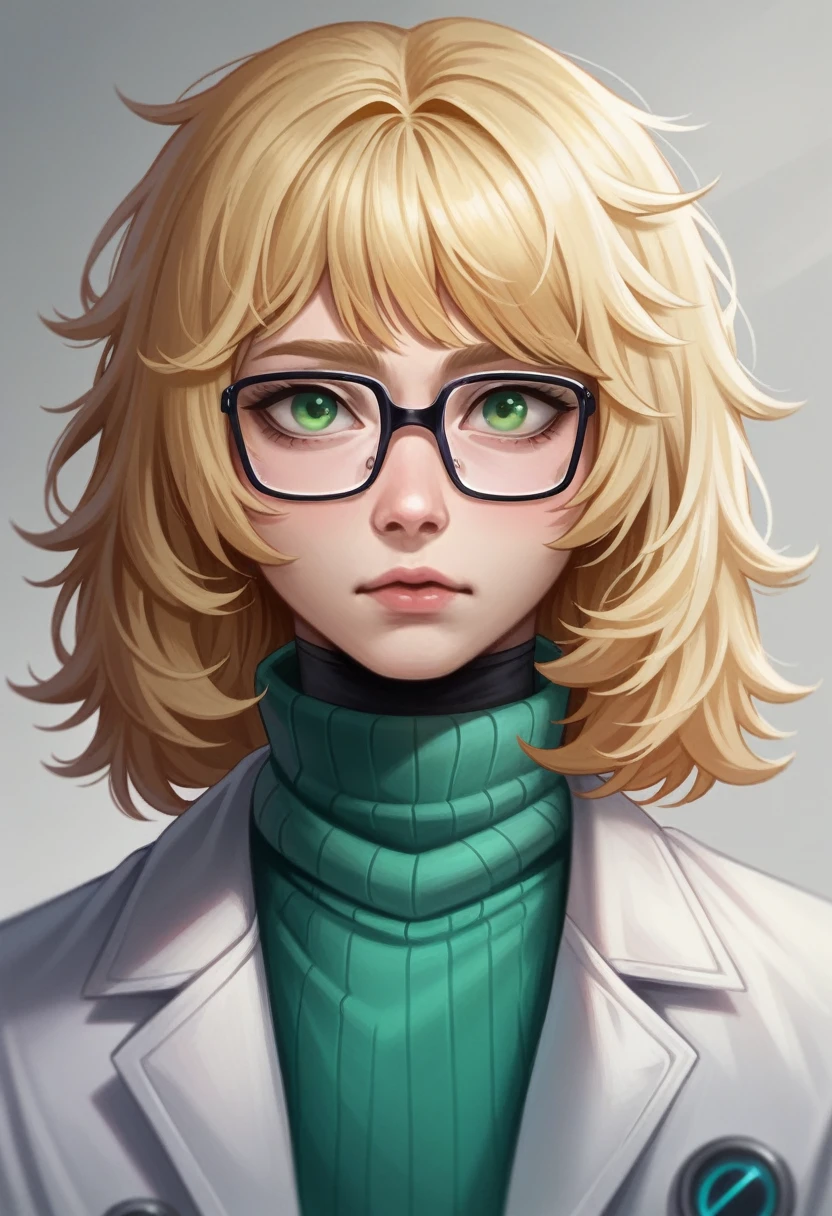 (best quality,4K,8k,highres,master part:1.2),ultra detali,Realistic,Young studious man with messy blond hair, Face pretty, square face shape, Blonde Hair and Green Eyes, wearing a white turtleneck and lab coat, Thin-framed glasses.