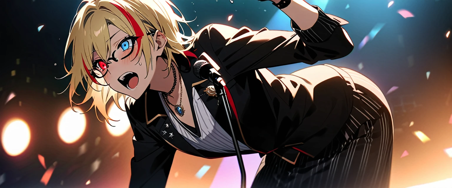 (((masterpiece,Highest quality))),(((スチームパンク風でVisual Keiの黒を基調とした衣装の短い髪のアニメの中性的な男性))),((Androgynous but male)),(((Visual Kei))),(((red and blonde streaked hair))),highlights hair,((Wears stylish, thick-framed glasses)),((Blue and red heterochromia)),((Clock and gear motif necklace,A brooch with a clock and gear motif)),(((Singing passionately on a live stage,Singing while sweating,Holding a microphone,Leaning forward))),Focus on the upper body,(high quality),アニメ
