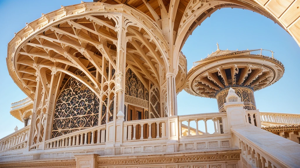 there is a large wooden structure with a curved roof, Sevilla, golden curve structure, 3 4 5 3 1, intricate architecture, best in adobe stock, seen from below, shutter, Curved geometric arches, Stunning image, seen from the ground, wooden structures, Ornate mosaic architecture, curvilinear architecture, serial plans, CNC cut parts, realist, photography, masterpiece, Best Quality, 