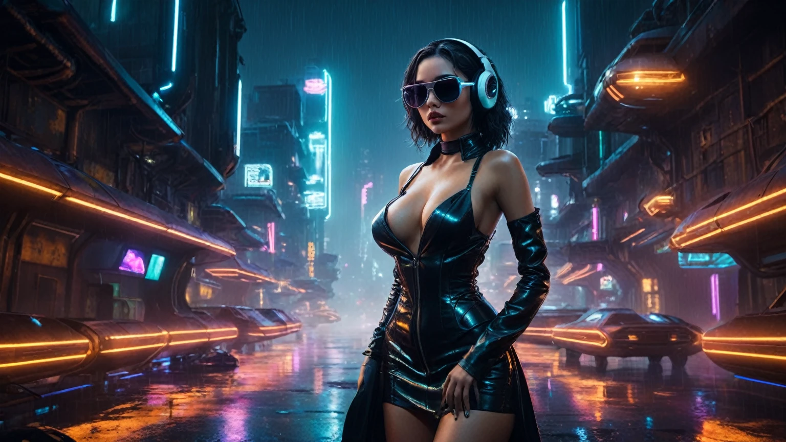 (aerial view, a flying cars docking platform, a very dark abandoned futuristic city, neon lights), rainy night. 1girl, solo, alone, large-breast:1.2 slim body, cleavage:1.1, sexy wind blowing wet dress:1.4, (headphone, black sunglasses), (((((she raised:1.8 a pistol:1.8 and took aim at viewer))))), dynamic pose, (((half-body thigh level medium shot))), cinematic lighting, lens flare, ray tracing.