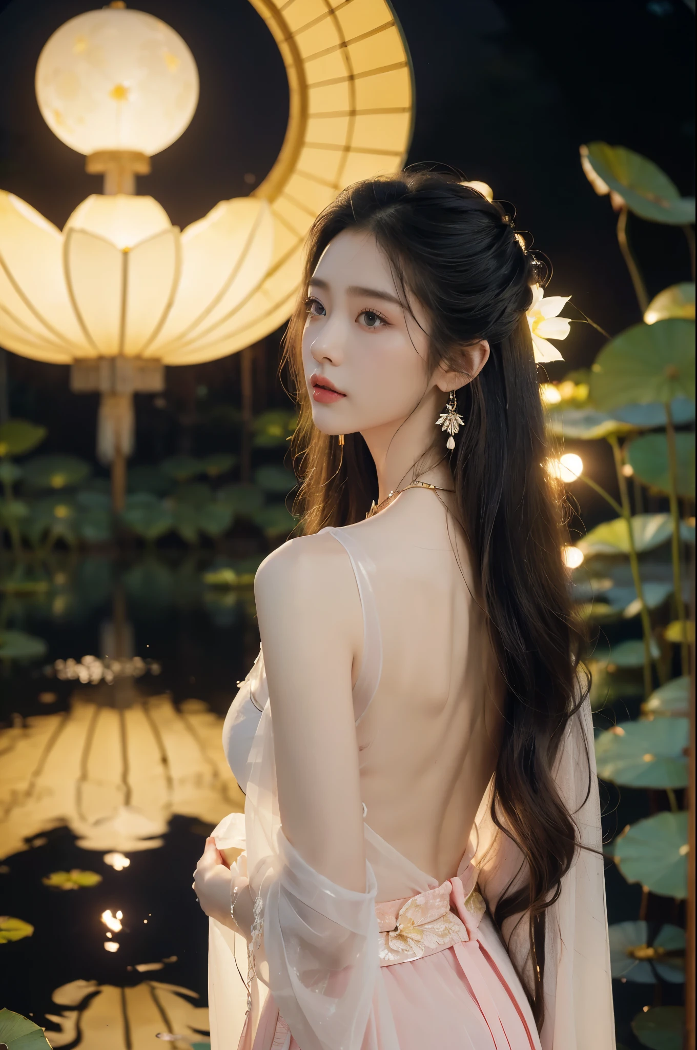 (((best quality))),(((ultra detailed))),(((masterpiece))),illustration,((1 beautiful young girl,solo)),((slim,thin)),(shoulder length straight hair:1.2),((earrings,necklace)),((bare back,towering hips,butt crack)),(see through traditional pink sheer Hanfu dress:1.3),(beside the lotus pond full of lotus flowers:1.3), serene moonlight, ethereal,floral pattern, water movement, billowing fabric, tranquil, moon reflection, petals, fireflies, magical, light,warm light, dreams, invitation, standing, gazing, reflection, inner thoughts, emotional, sweet scent, natural beauty, solitude, hypnotic lull, eternal summer, (night scene:1.3), natural world, human spirit, celebration, backdrop, water, glow,((from back)),(close-up of upper body:1.3)