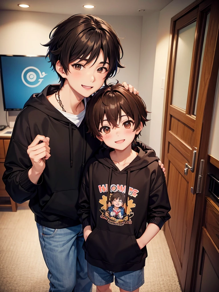 Brown hair. Anime boy. Asian boy. Ulzzang. Brown eyes. Smiling. Hoodie. 