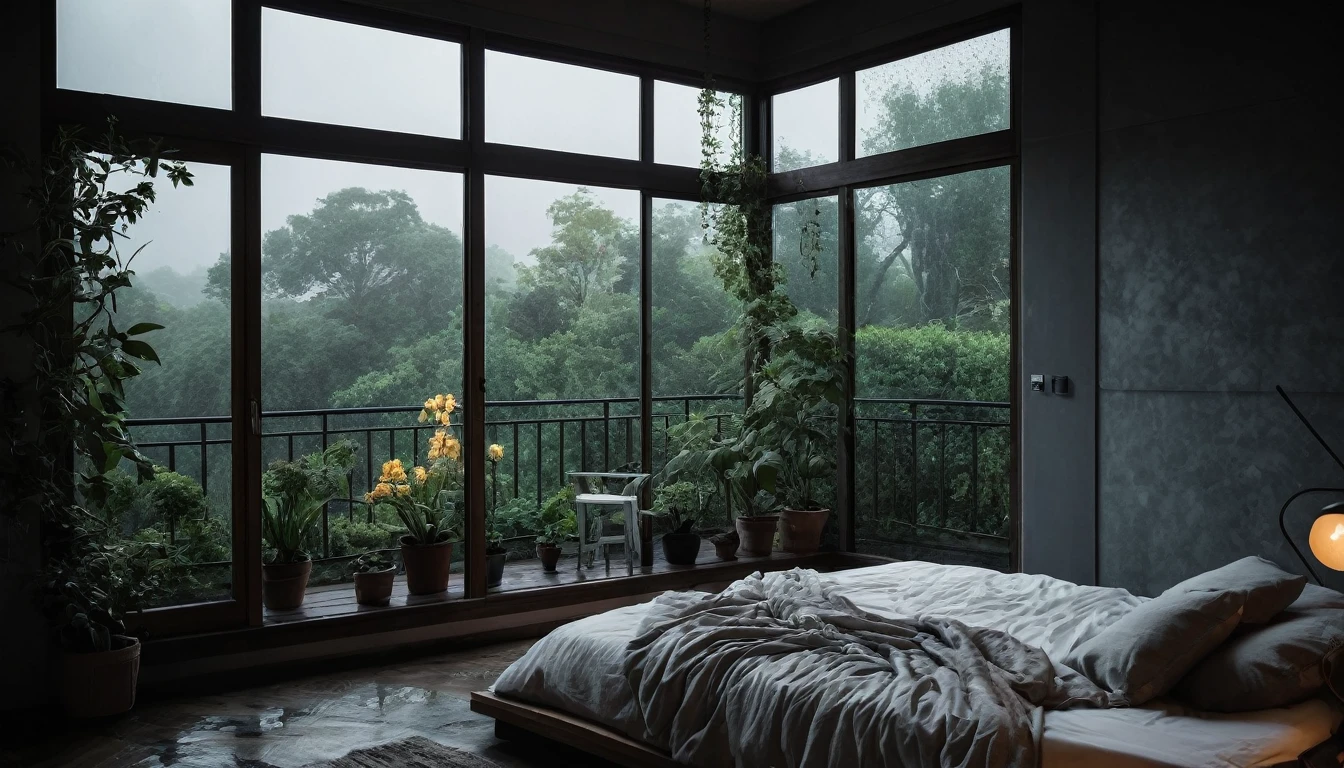 The picture shows a cozy gloomy bedroom, with a large window offering a view of a beautiful, dimly lit garden AND a garden soaked in FLOWERS, the cobblestones of the Japanese house concept. CINEMATIC, JAPANESE HOUSE, the shape of a Japanese house, and lots of flower gardens in the garden. The bed was unmade with rumpled sheets, indicating only a light sleep. the room is dark, gloomy, looks dim, gloomy. Beside the bed there is a small table with a classic lamp that radiates warm light into the room. Outside the window you can see the lush greenery of the terrace or balcony area, the rain is falling, the lamp on the left provides warm lighting, creating a calm and peaceful atmosphere. with fog obscuring part of the view in the distance. The contrast between the warmth indoors and the rain outdoors creates an inviting and calming atmosphere