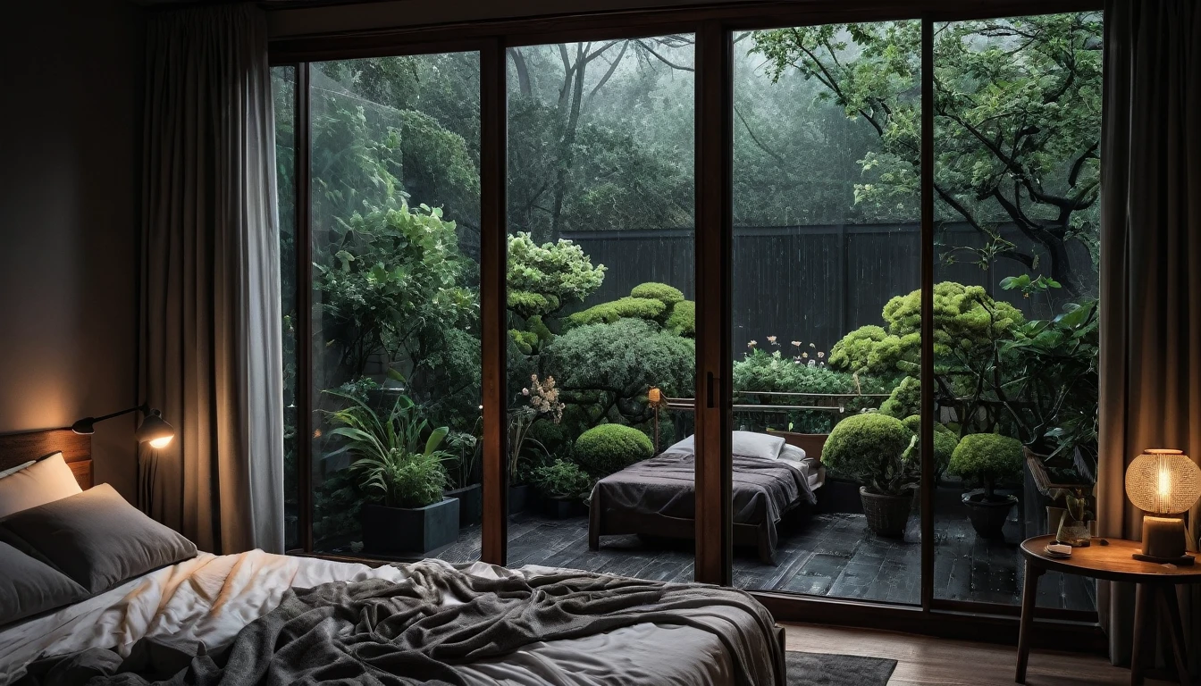 The picture shows a cozy gloomy bedroom, with a large window offering a view of a beautiful, dimly lit garden AND a garden soaked in FLOWERS, the cobblestones of the Japanese house concept. CINEMATIC, JAPANESE HOUSE, the shape of a Japanese house, and lots of flower gardens in the garden. The bed was unmade with rumpled sheets, indicating only a light sleep. the room is dark, gloomy, looks dim, gloomy. Beside the bed there is a small table with a classic lamp that radiates warm light into the room. Outside the window you can see the lush greenery of the terrace or balcony area, the rain is falling, the lamp on the left provides warm lighting, creating a calm and peaceful atmosphere. with fog obscuring part of the view in the distance. The contrast between the warmth indoors and the rain outdoors creates an inviting and calming atmosphere
