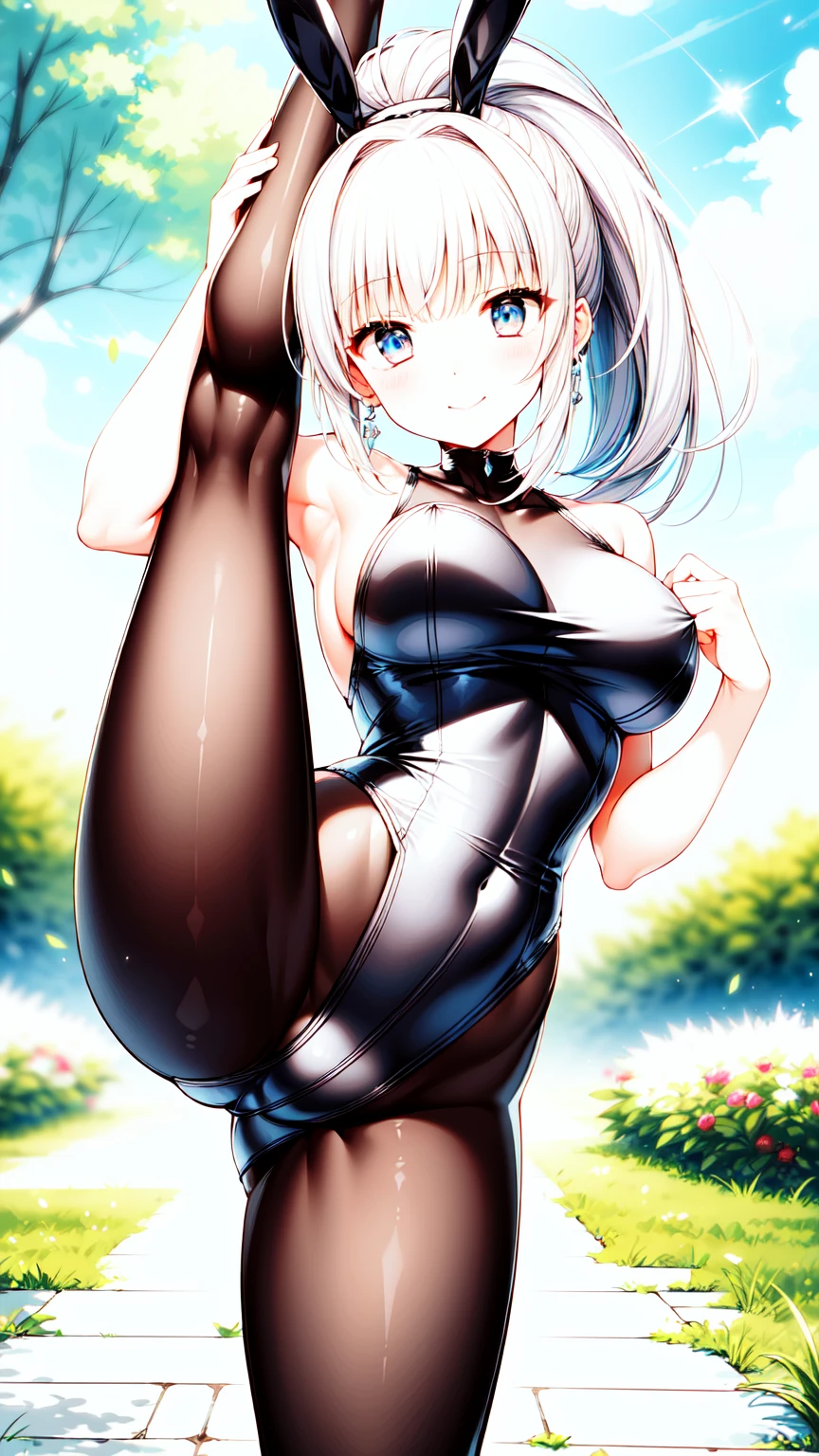 beautiful, masterpiece, best quality, extremely detailed face, perfect lighting, masterpiece, best quality, 1girl, blush, blue eyes, white hair, long hair, ponytail, black bunnysuit, black stocking, ;), smile, closed mouth, one eyes closed, large breasts, standing, leg up, garden, looking at viewer