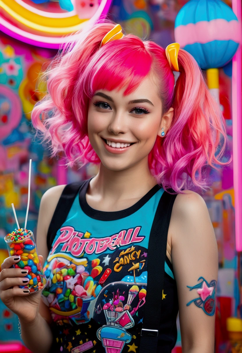 (masterpiece, top quality, best quality, official art, beautiful and aesthetic:1.2), (photoreal:1.5), BREAK 1 girl with a bunch of candy and a candy machine in her hand and a pink background with stars, upper body,smiling break Alice Prin, photo, big breasts, open, a detailed painting, pop surrealism, (neon color hair:1.5),strong wind,giant marshmallow candy machine break needlework, intricate designs, textile art, handmade details, creative expression, colorful threads, cyberpunk, neo-dada BREAK