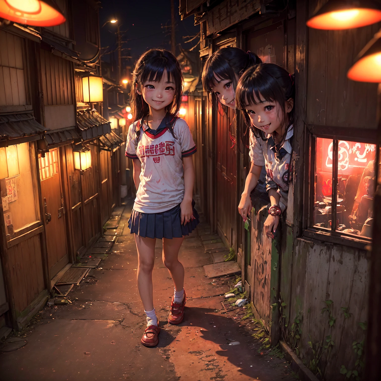 (masterpiece、Highest quality)、(Japan favelas、Seedy Night City)、((Unhygienic and lifeless:1.4、Shady Red Light District)、((Junior high school girl、3 or more cute girls、smile、fun))、((Unsanitary and dim))、Shady Red Light District、Sale of drinks、(Outer phase)、smile、Happy schoolchildren、Perfect Anatomy