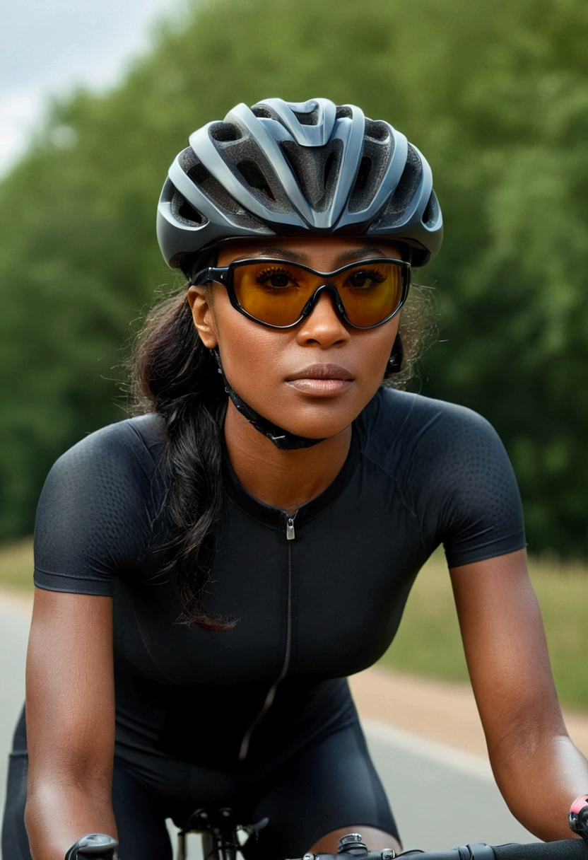 A woman of skin (ebony black) with helmet, cycling glasses. Cinematic photo very realistic photo quality 8k.