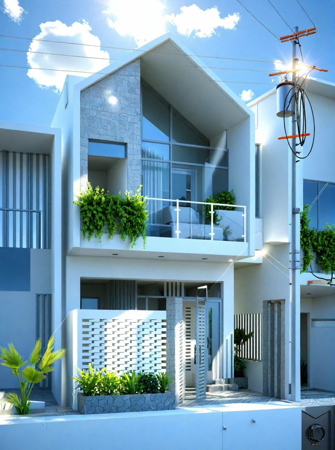 architecture, (townhouse) , vine, trees, cloud, sunlight , white tone, sky, masterpiece,best quality, super detailed,realistic,photorealistic, 8k, sharp focus, a photo of a building day light, sun, cloud, RAW Photo, RAW texture, Super Realistic, 32K UHD, DSLR, soft lighting, high quality, film rating, Fujifilm XT3