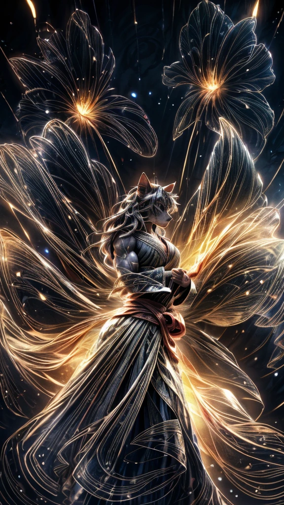 (((8k))), (((High resolution))),((Highest quality)),A black kitten wearing a kimono,battle mode, yellow aura swirling around the body,fog,mystic atmosphere,muscle,Bipedal,upright,Short,3 heads,Serious face,samurai,Holding a long sword with both hands,Shrine garden,SakuraFubuki,Ultra-realistic,8k,Ultra-fine,Super detailed