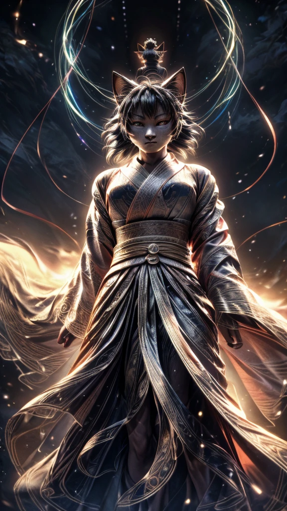 (((8k))), (((High resolution))),((Highest quality)),A black kitten wearing a kimono,battle mode, yellow aura swirling around the body,fog,mystic atmosphere,muscle,Bipedal,upright,Short,3 heads,Serious face,samurai,Holding a long sword with both hands,Shrine garden,SakuraFubuki,Ultra-realistic,8k,Ultra-fine,Super detailed