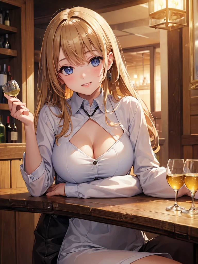 (masterpiece:1.5),(Beat quality),(high res),1girl solo,beautiful face,smile(shining eyes),upper body,light effects,Woman in plain clothes,White wine on the table,bar