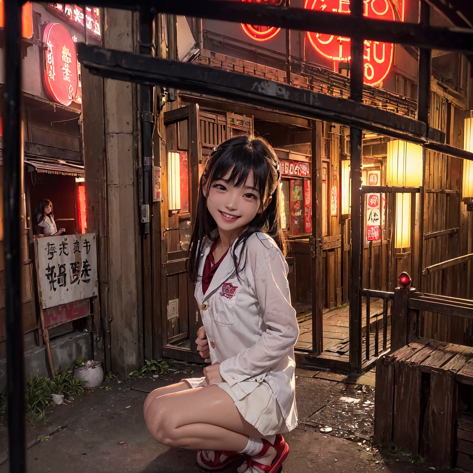 (masterpiece、Highest quality)、(Japan favelas、Seedy Night City)、((Unhygienic and lifeless:1.4、Shady Red Light District)、((Junior high school girl、3 or more cute girls、smile、fun))、((Unsanitary and dim))、Shady Red Light District、Sale of drinks、(Outer phase)、smile、Happy schoolchildren、Perfect Anatomy