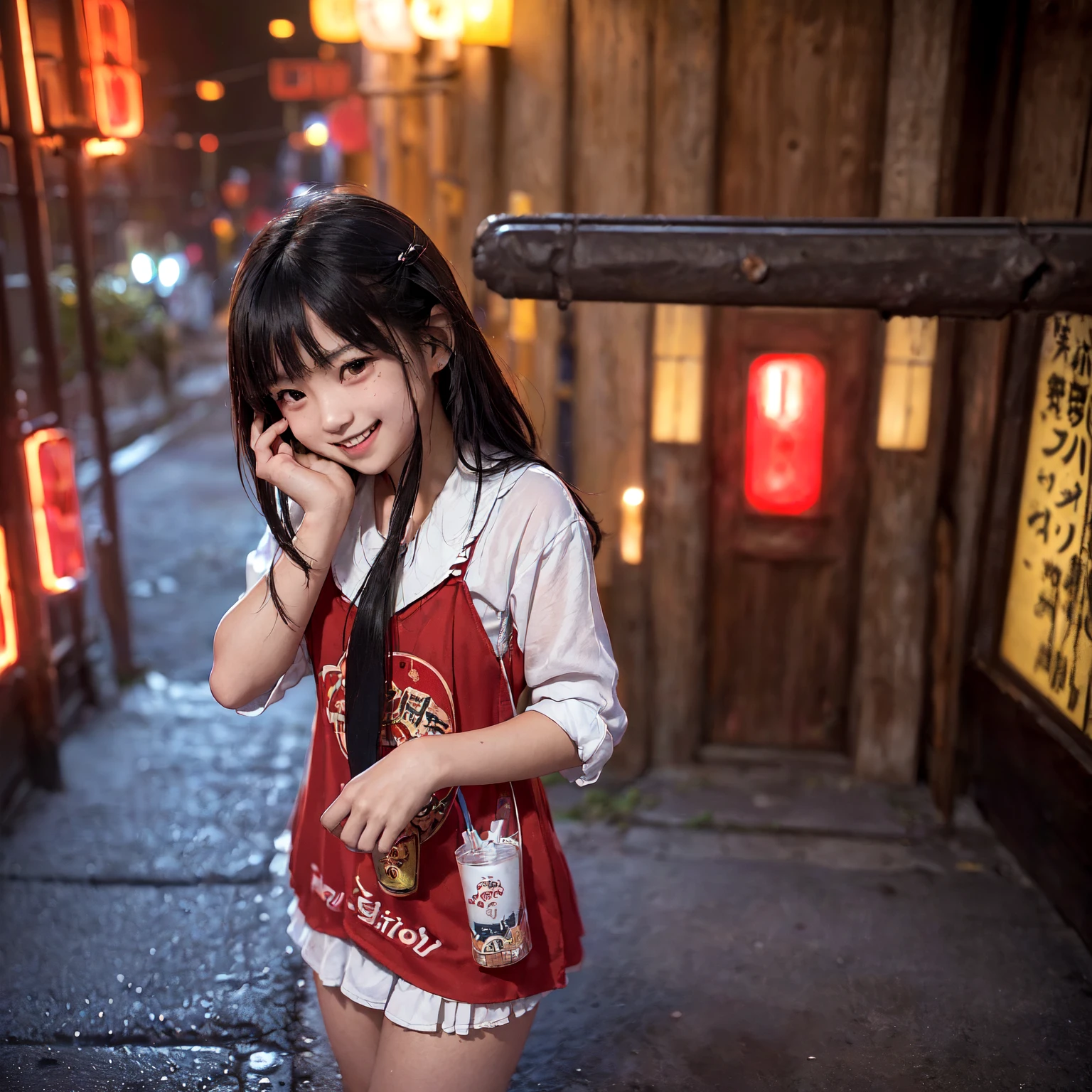 (masterpiece、Highest quality)、(Japan favelas、Seedy Night City)、((Unhygienic and lifeless:1.4、Shady Red Light District)、((Junior high school girl、3 or more cute girls、smile、fun))、((Unsanitary and dim))、Shady Red Light District、Sale of drinks、(Outer phase)、smile、Happy schoolchildren、Perfect Anatomy