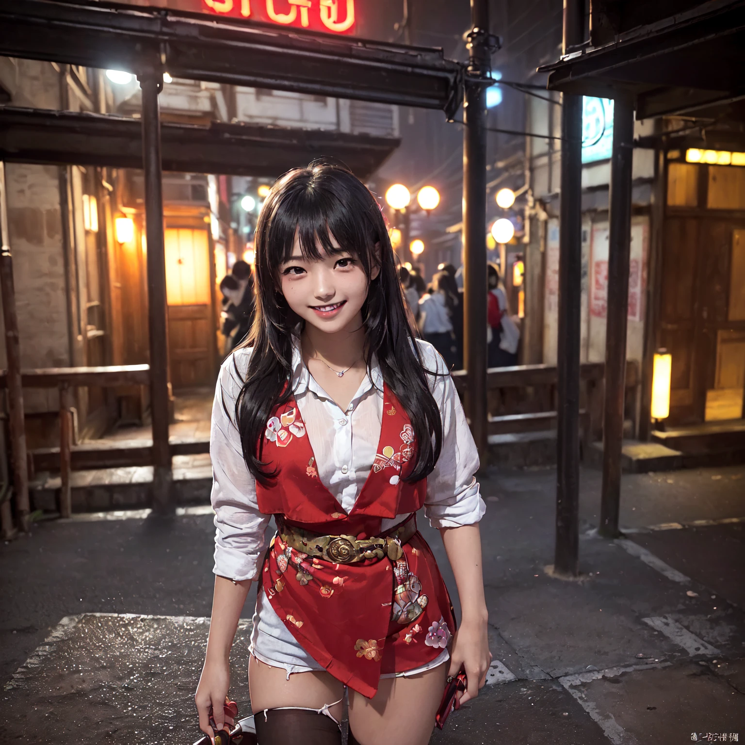 (masterpiece、Highest quality)、(Japan favelas、Seedy Night City)、((Unhygienic and lifeless:1.4、Shady Red Light District)、((Junior high school girl、3 or more cute girls、smile、fun))、((Unsanitary and dim))、Shady Red Light District、Sale of drinks、(Outer phase)、smile、Happy schoolchildren、Perfect Anatomy