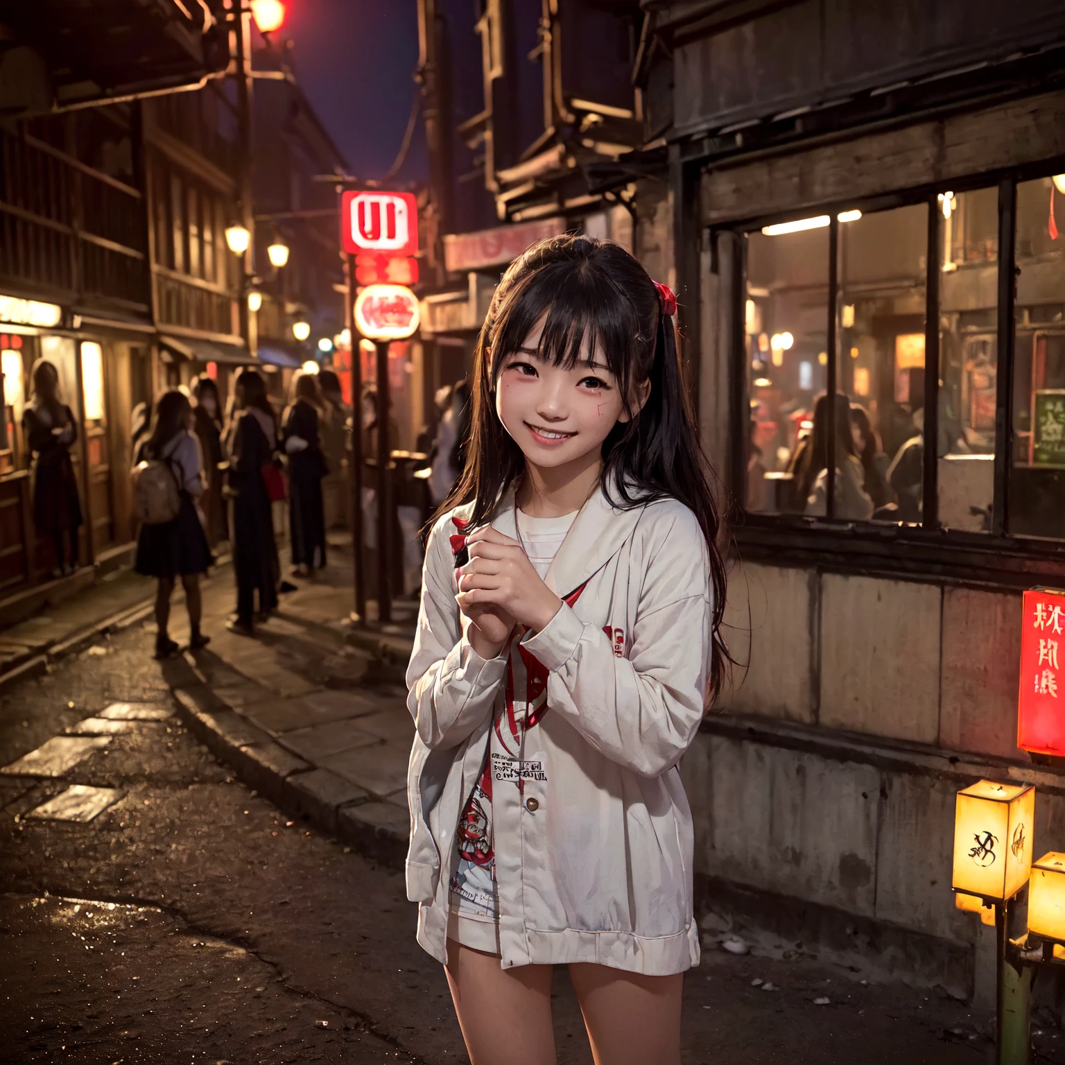 (masterpiece、Highest quality)、(Japan favelas、Seedy Night City)、((Unhygienic and lifeless:1.4、Shady Red Light District)、((Junior high school girl、3 or more cute girls、smile、fun))、((Unsanitary and dim))、Shady Red Light District、Sale of drinks、(Outer phase)、smile、Happy schoolchildren、Perfect Anatomy