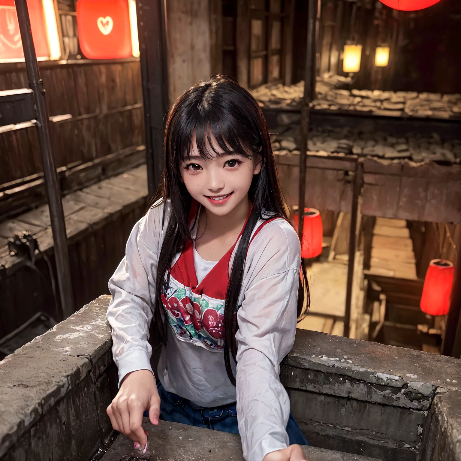 (masterpiece、Highest quality)、(Japan favelas、Seedy Night City)、((Unhygienic and lifeless:1.4、Shady Red Light District)、((Junior high school girl、3 or more cute girls、smile、fun))、((Unsanitary and dim))、Shady Red Light District、Sale of drinks、(Outer phase)、smile、Happy schoolchildren、Perfect Anatomy