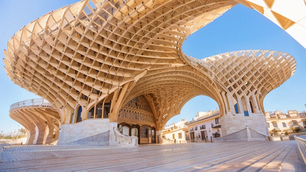 there is a large wooden structure with a curved roof, Sevilla, golden curve structure, 3 4 5 3 1, intricate architecture, best in adobe stock, seen from below, shutter, Curved geometric arches, Stunning image, seen from the ground, wooden structures, Ornate mosaic architecture, curvilinear architecture, serial plans, CNC cut parts, realist, photography, masterpiece, Best Quality,