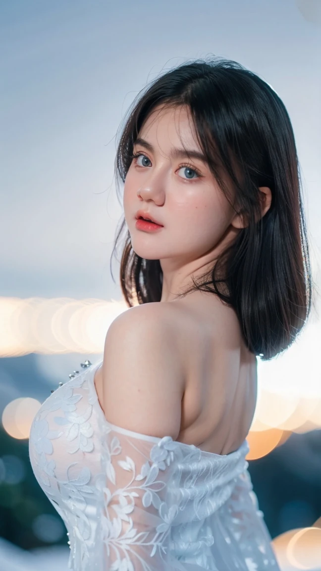 Adorable , Gorgeous , Beautiful , Russian Baby Face , (Large Colossal Breasts) , 30 Years Old , White Skin , One Shoulder Lace Dress , Top of The Mountain Background , Wind , ((Bokeh:1.1)) , Blue Eye , ((White Coloured)) , ((Night:1.3)) , Standing Pose , HDR , Ultra Detailed , EF 24-70mm f/2.8L II USM