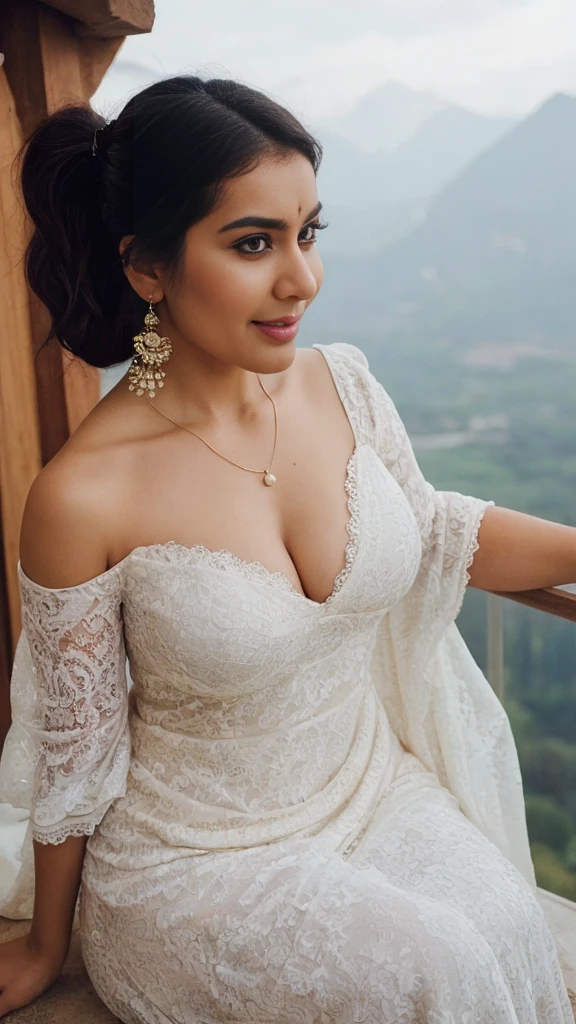 from top view, extreme close up photo of cute y indian, big cheeks, hourglass figure, swooping huge large breuge large round ass,huge le bubble butt, seducin mountains, ponytail, necklace, sultry, seductive eyes, look at viewer and subtle smile, white lace night dress, (cinematic:1.3), intricate details, (ArtStation:1.2)